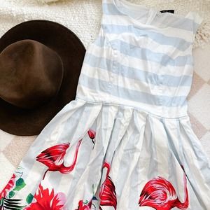 Grace Karin Pink Flamingo Sleeveless Blue Stripe Fit Flair Retro Style Dress